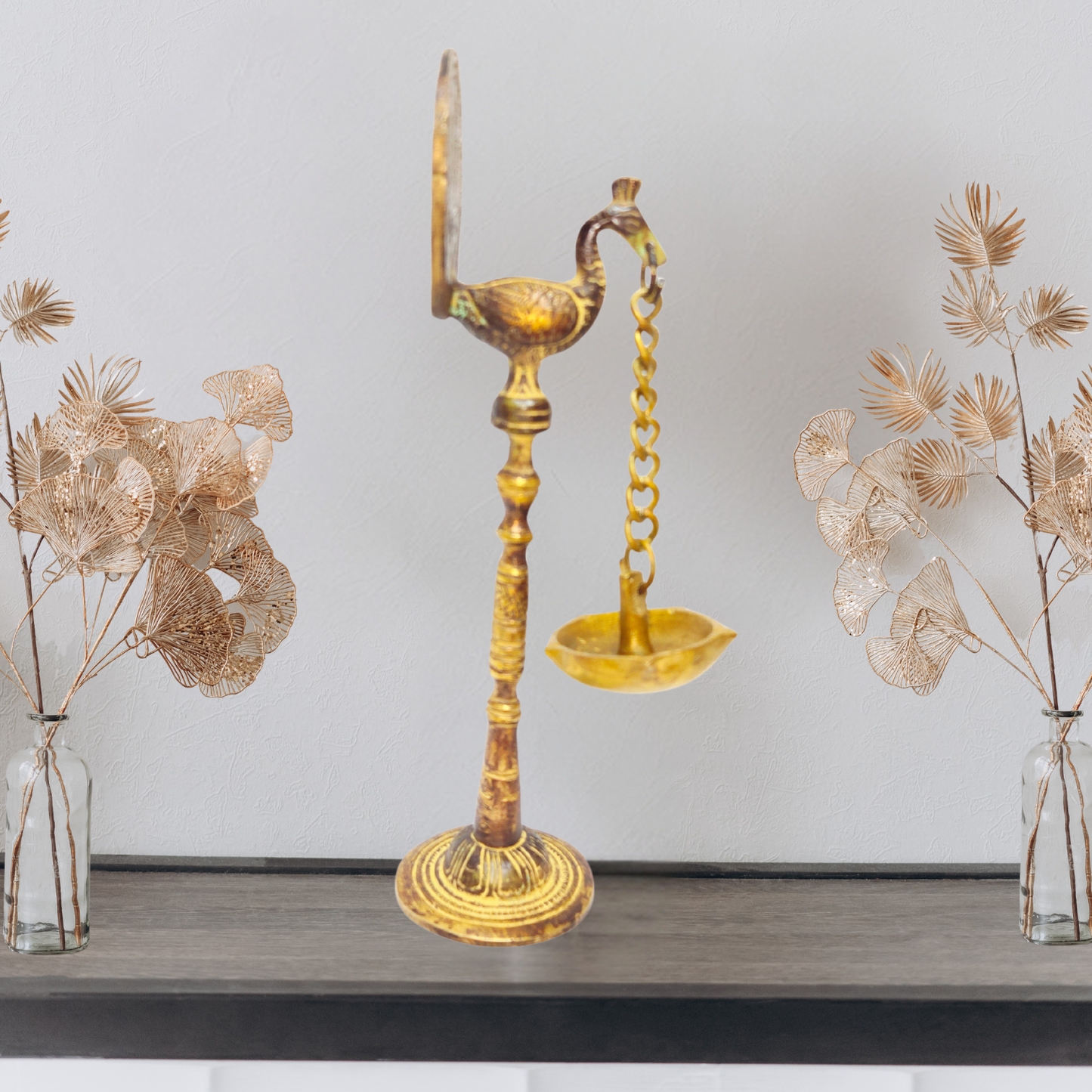 Peacock Design Brass Hanging Diya – Decorative Deepak Oil Lamp for Home Temple & Puja