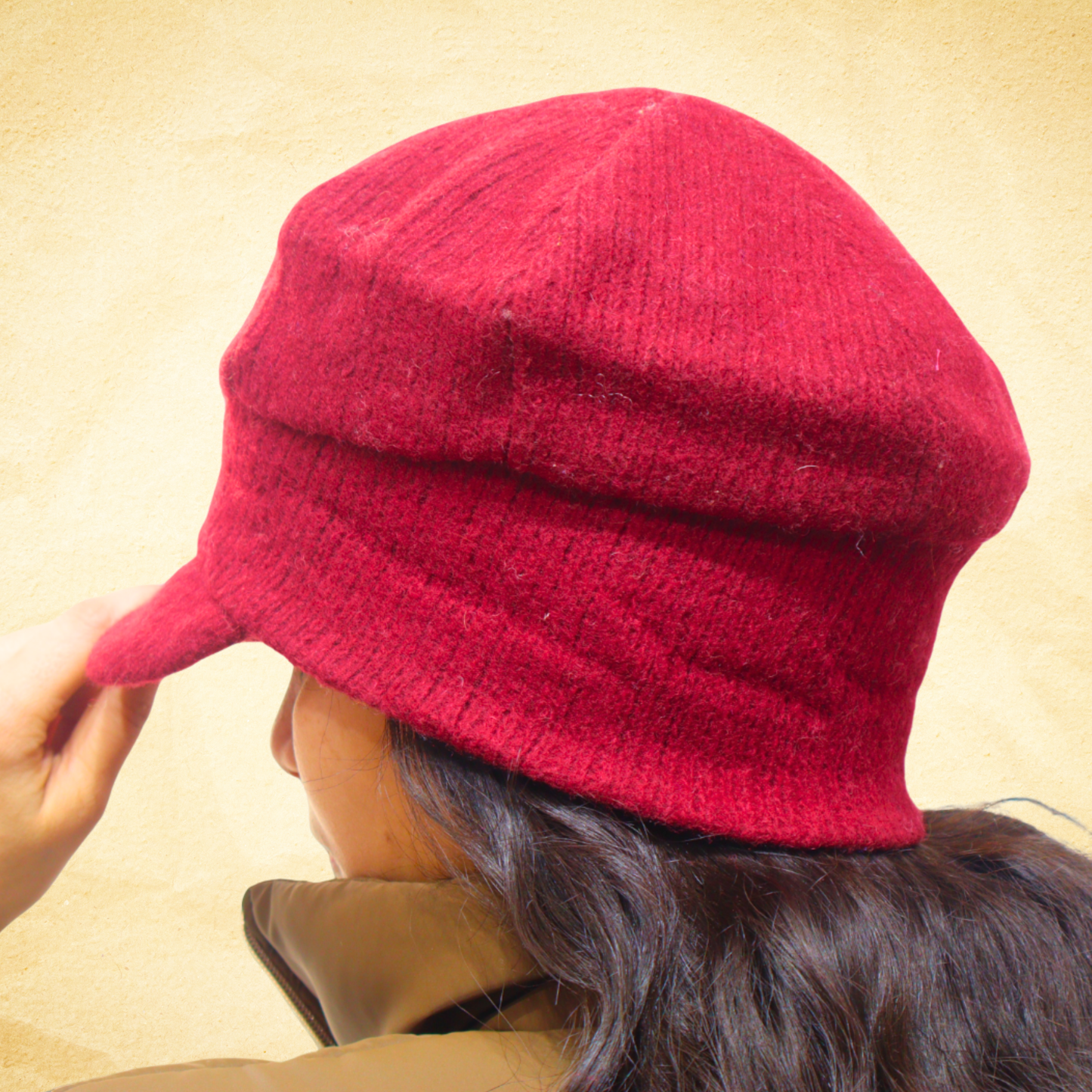 Premium Maroon Woolen Beret Cap for Women – Elegant Knitted Winter Hat with Visor Brim & Soft Thermal Comfort
