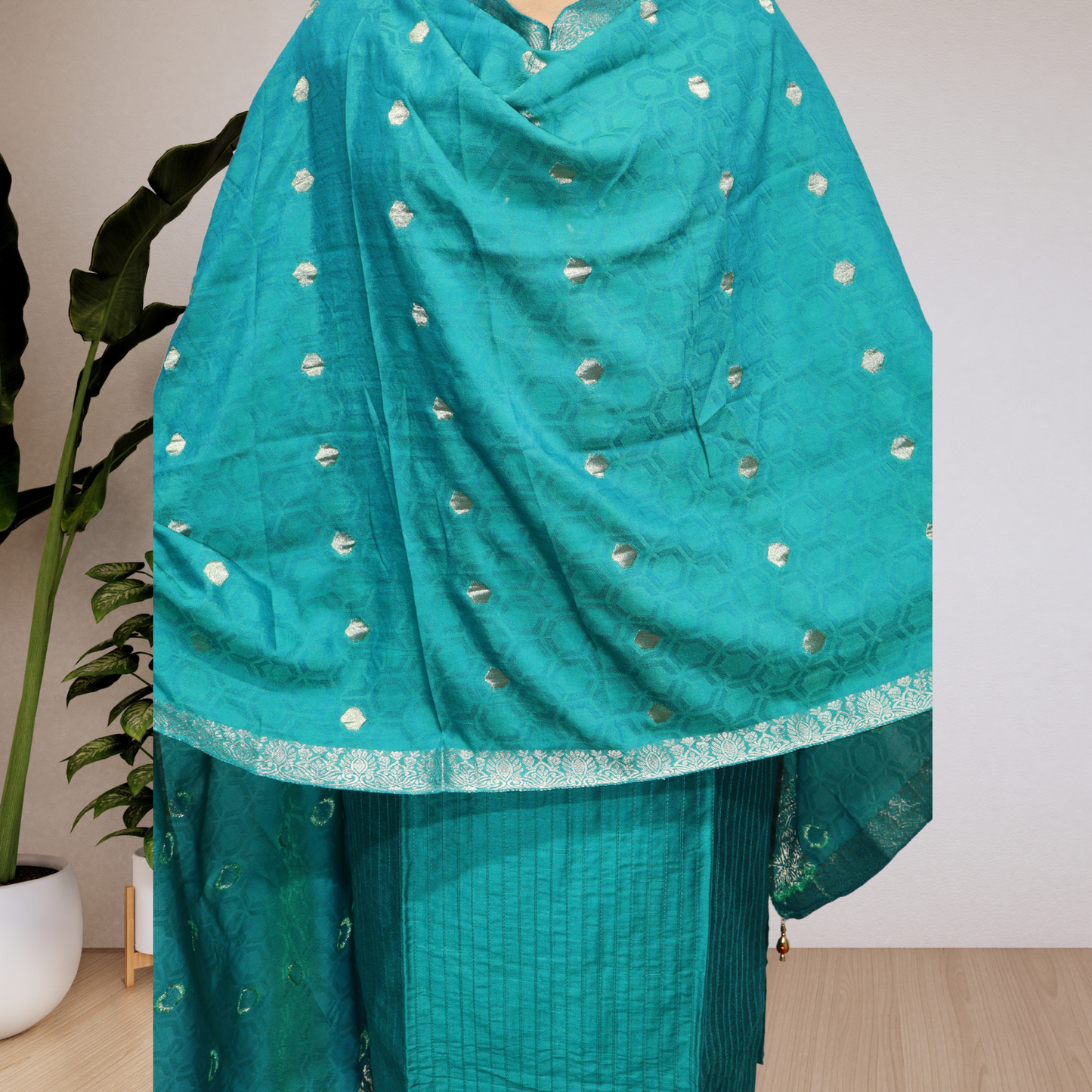 Premium Turquoise Blue Khadi Silk Kurti Set – Handcrafted Ethnic Suit with Multicolored Neckline & Banarasi Dupatta(02)