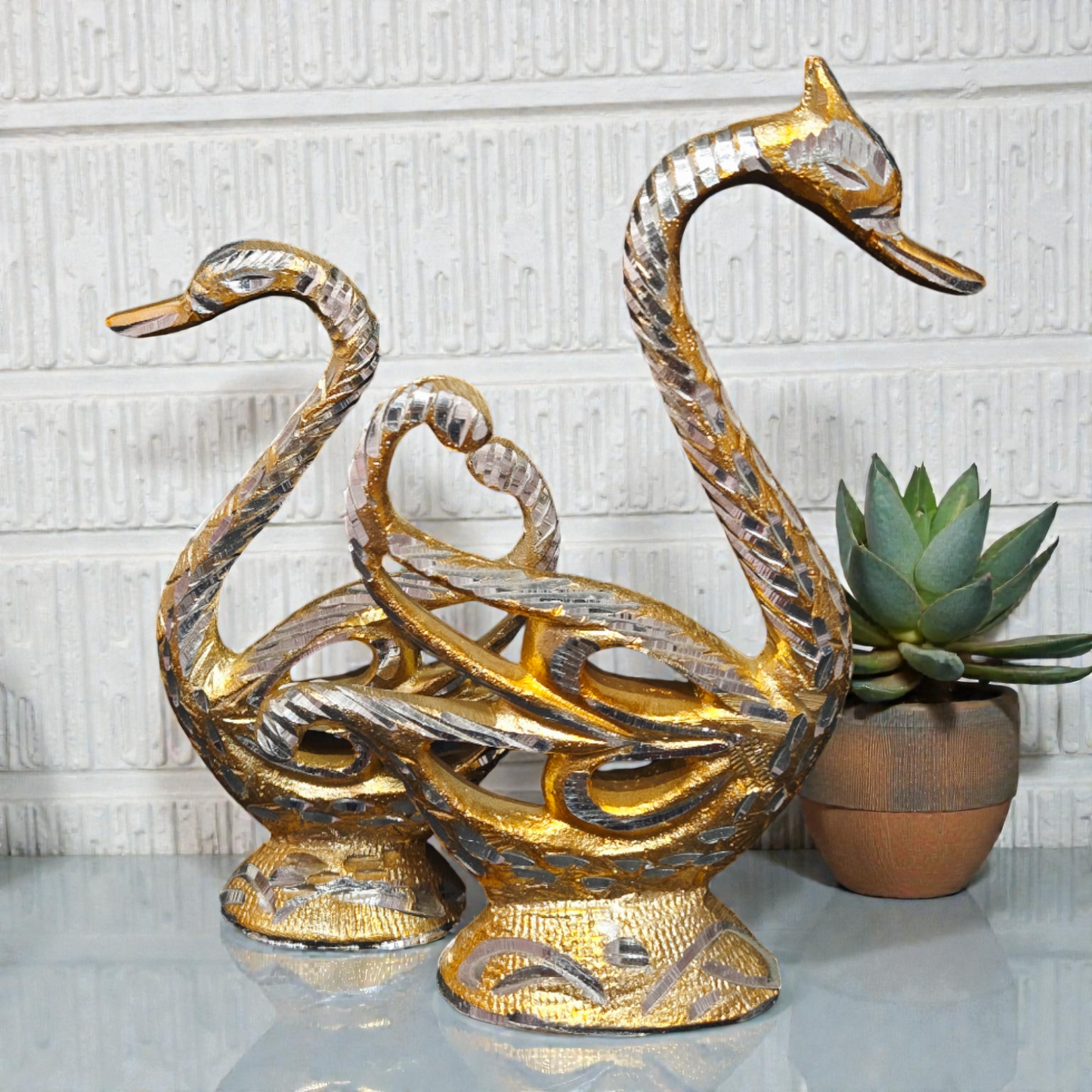 Handcrafted Pure Brass Swan Surahi Pair – Decorative Dual-Tone Love Birds Statue for Home & Vastu