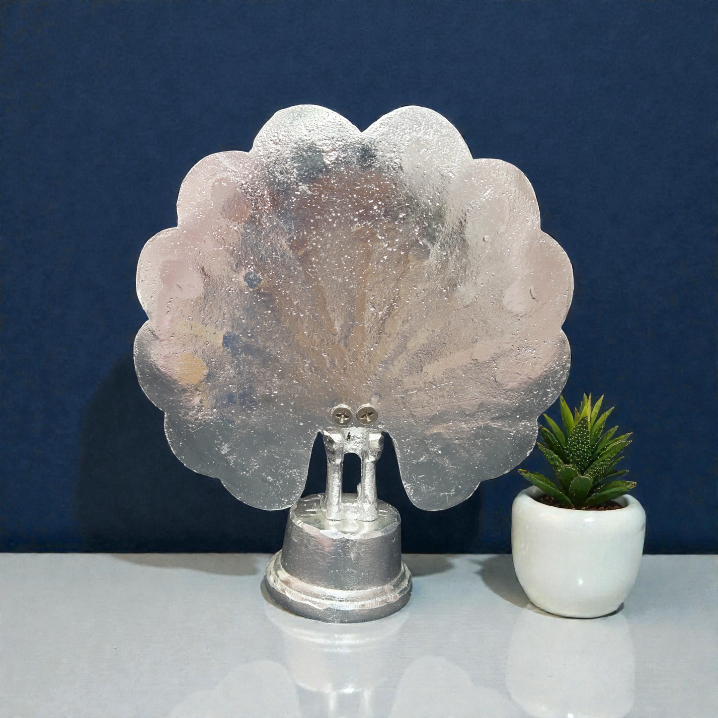 Handcrafted White Metal Dancing Peacock Idol – Decorative Mor Statue with Colorful Stone Work