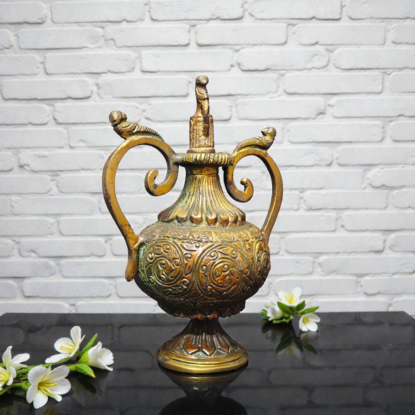 Handcrafted Pure Brass Antique Surahi – Decorative Royal Vase with Intricate Floral Carvings for Home Decor