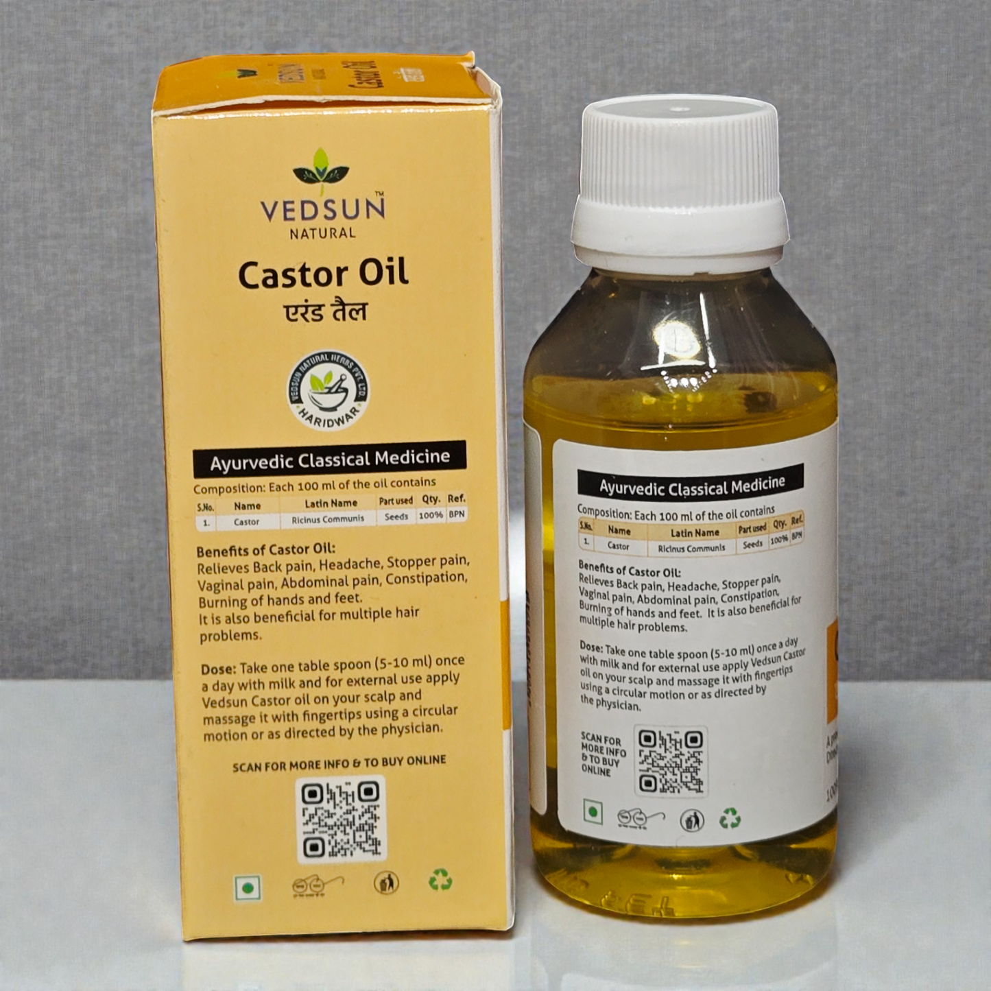 Vedsun Castor Oil (Erand Tail) - 100% Pure & Ayush Approved | For Hair Growth, Eyebrows & Skin Care - 100ml