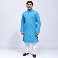 Blue Striped Cotton Men’s Kurta – Mandarin Collar, Full Sleeves & Chest Pocket