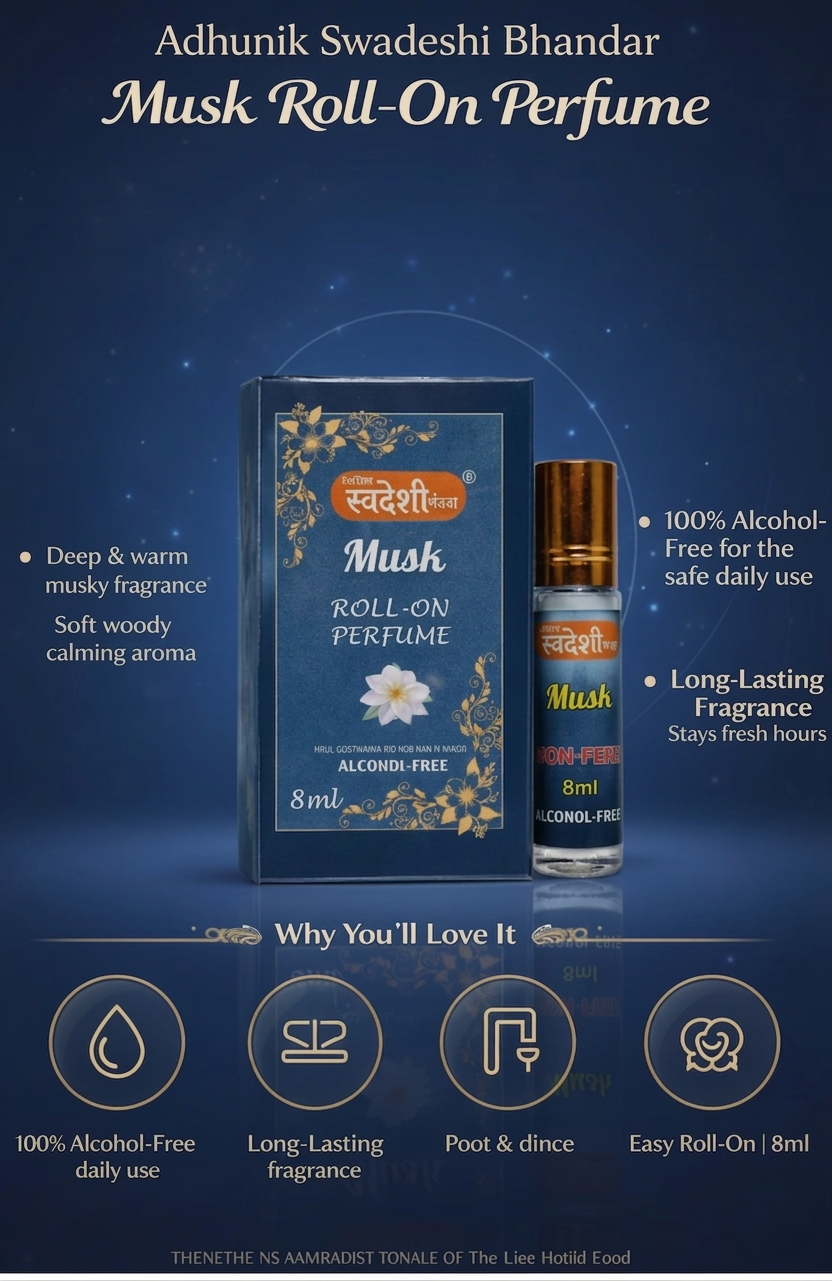 Adhunik Swadeshi Bhandar Musk Roll-On Perfume 8ml | 100% Alcohol-Free Concentrated Musk Attar | Long-Lasting Fresh Musky Fragrance | Herbal Roll-On Perfume for Men & Women