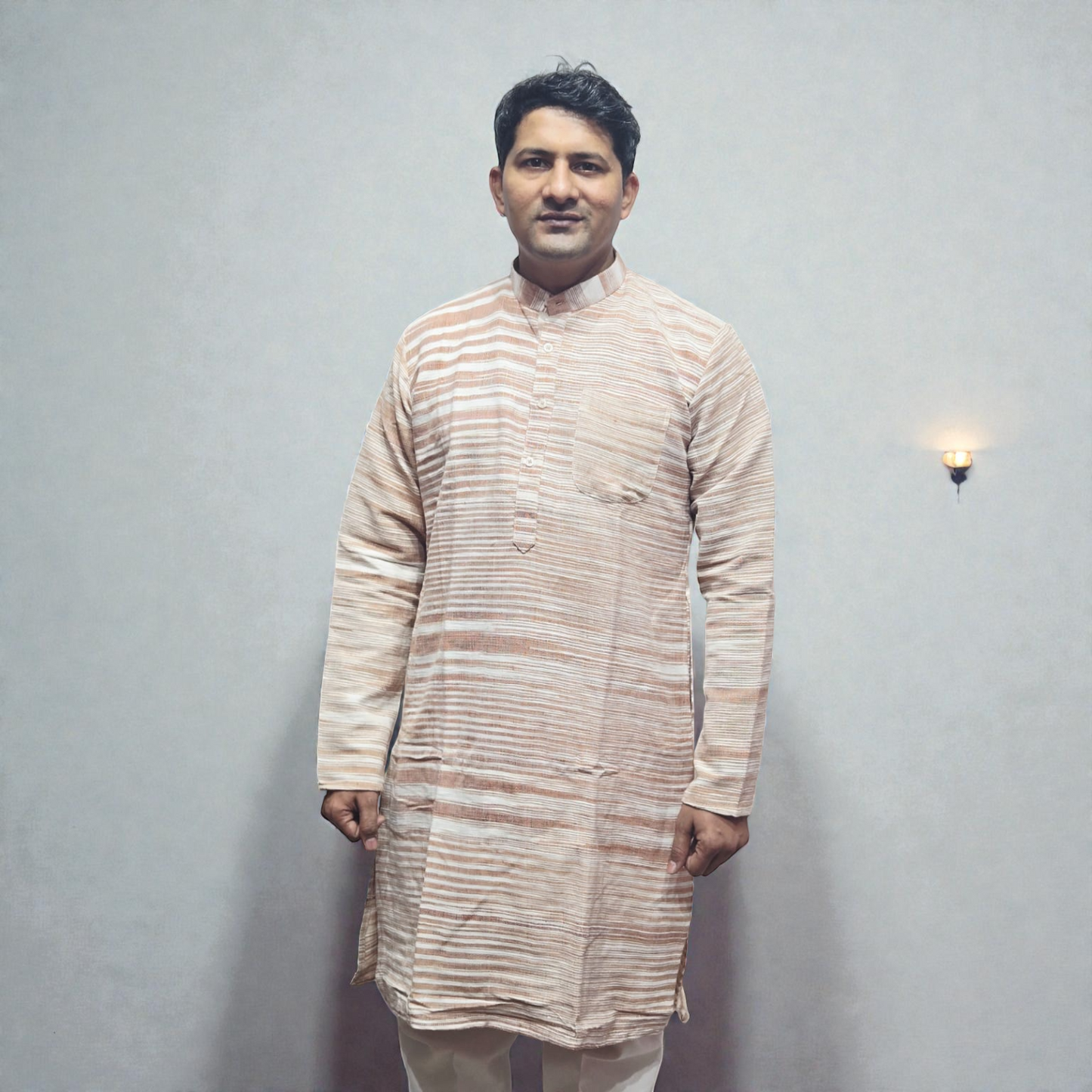 Premium Beige & Brown Striped Khadi Cotton Kurta for Men – Long Sleeve Ethnic Tunic with Mandarin Collar & Pocket
