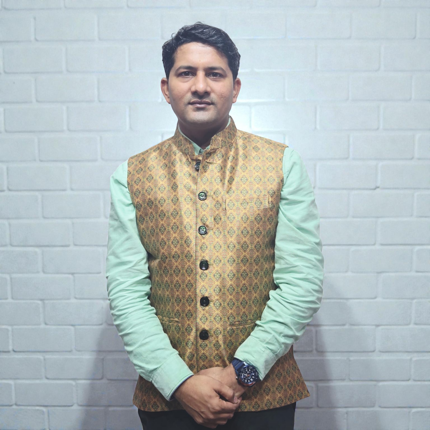 Premium Golden Mustard Jacquard Nehru Jacket for Men – Ethnic Geometric Print Waistcoat for Weddings & Parties