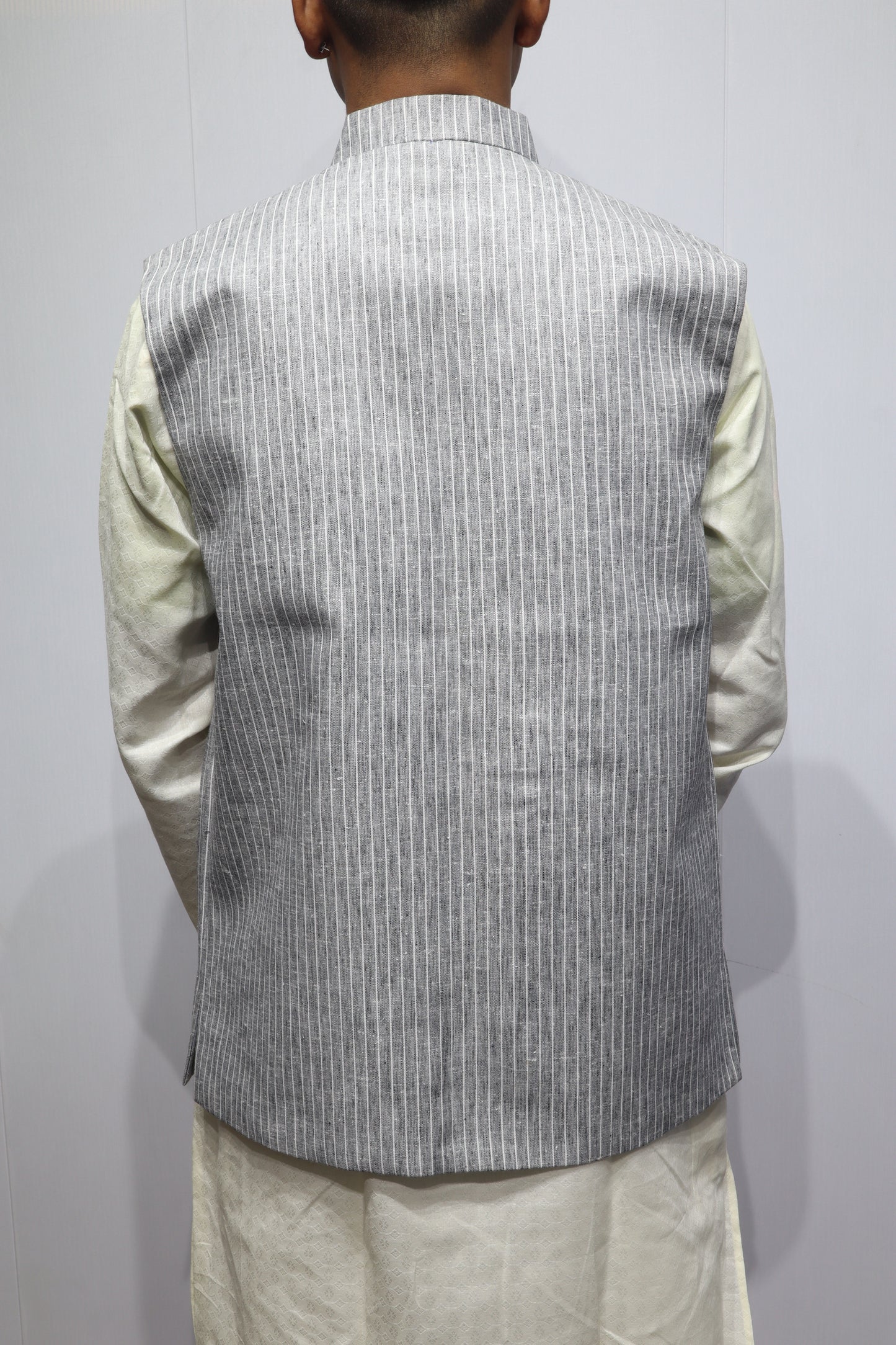 Men’s Grey Striped Cotton Nehru Jacket – Classic Ethnic & Formal Wear