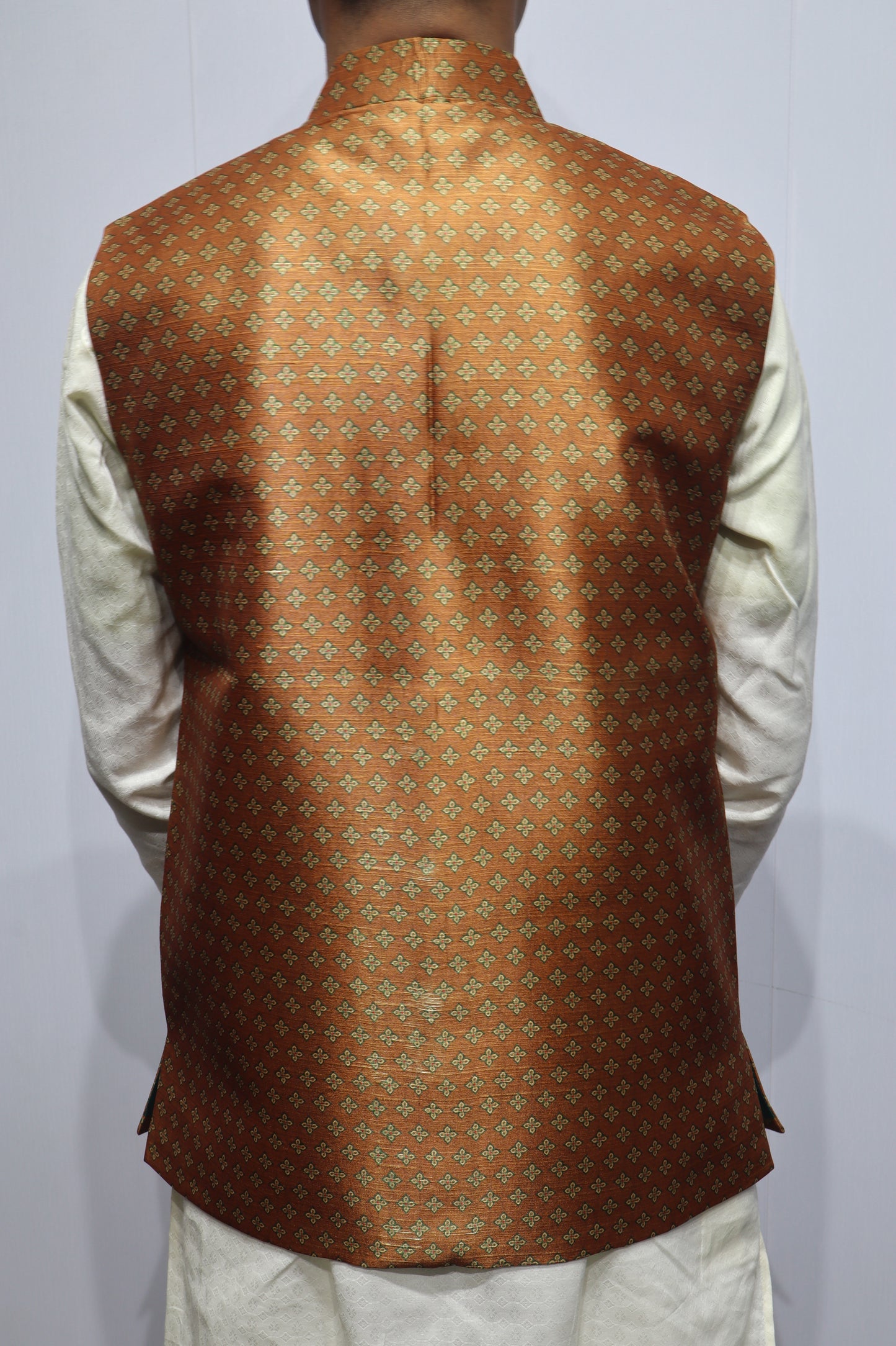 Men’s Brown Printed Linen Nehru Jacket – Premium Ethnic & Festive Wear