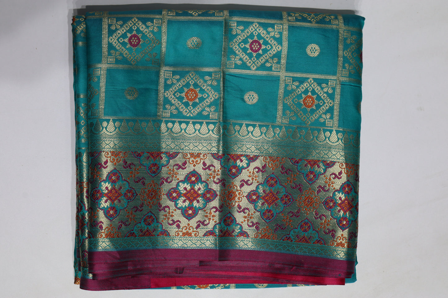 Teal Blue Woven Silk Saree with Traditional Gold Zari Motifs & Contrast Border