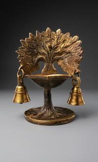Handcrafted Brass Diya with Hanging Bells – Antique Finish Tree Design Oil Lamp for Home Temple & Festive Décor 7inch