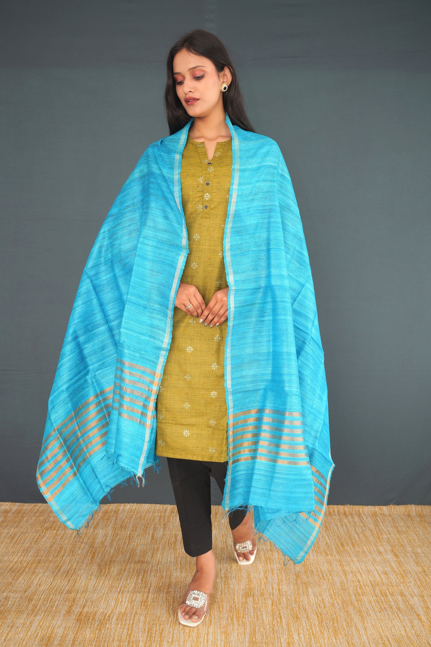 Light Aqua Blue Khadi Silk Stole – Handwoven Dupatta