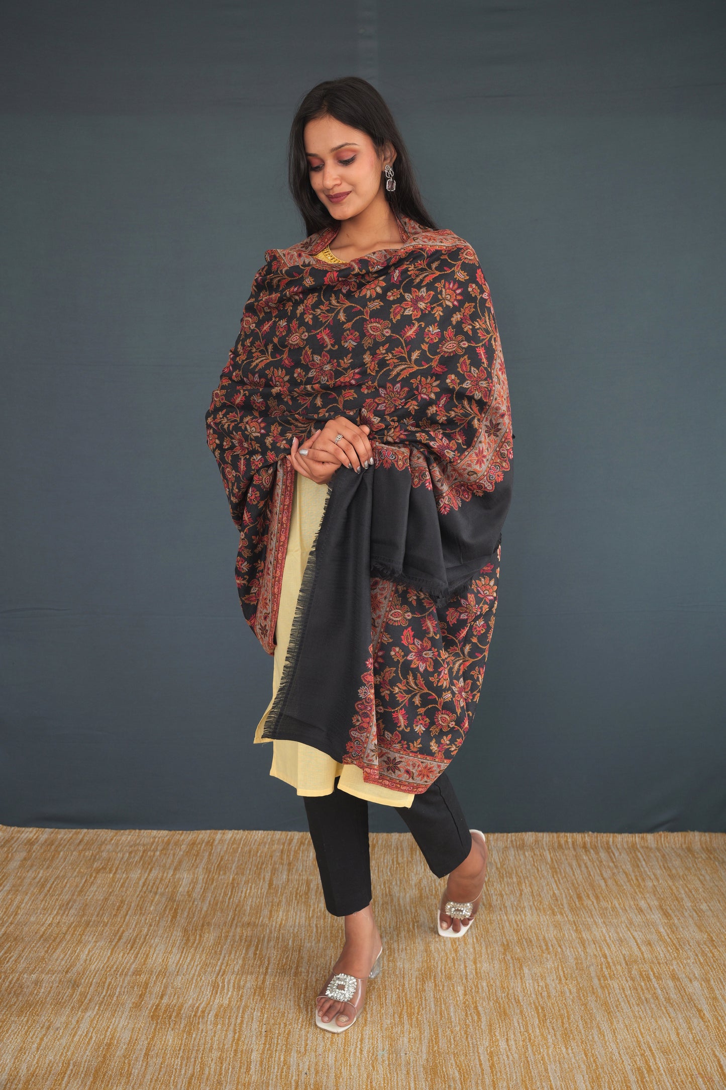Handwoven Black Khadi Silk Stole | Traditional Kashmiri Floral Design Dupatta