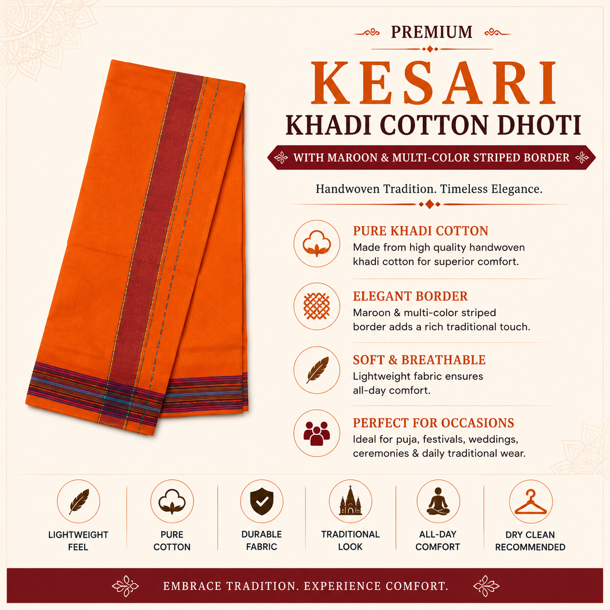 Infographic of premium kesari khadi cotton dhoti with maroon multi-color striped border and traditional features