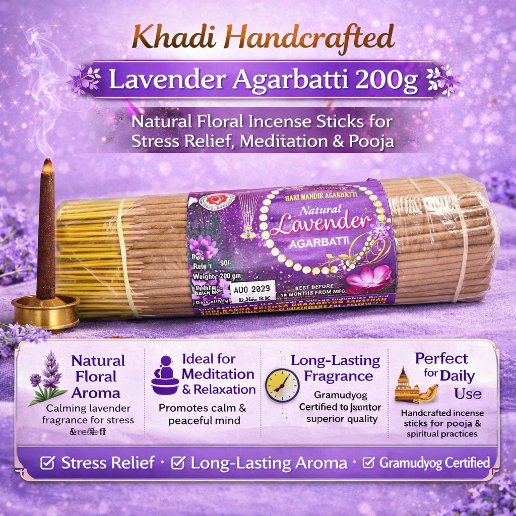 Khadi Handcrafted Lavender Agarbatti 200g – Natural Floral Incense Sticks for Stress Relief, Meditation & Pooja – Long-Lasting Fragrance (Gramudyog Certified)