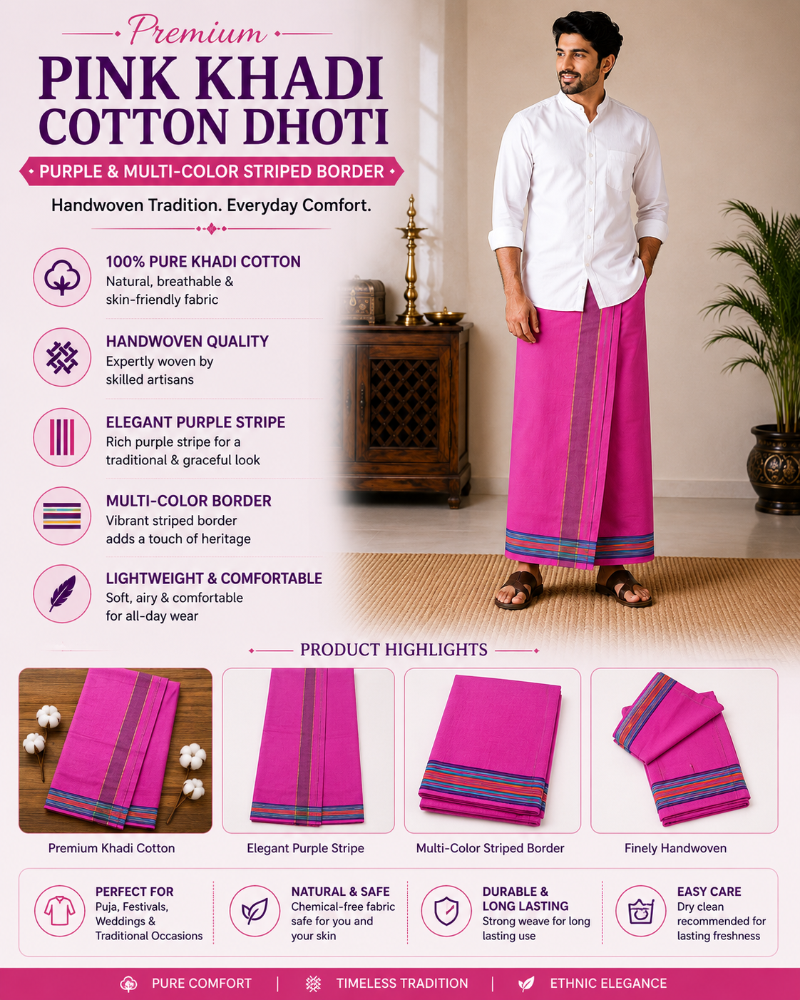 Infographic of premium pink khadi cotton dhoti with purple stripe and traditional woven border