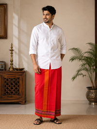 Premium Red Khadi Cotton Lungi with Orange Stripe & Multi-Color Border | Traditional Handwoven Wear