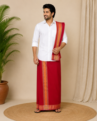 Red Cotton Dhoti Set with Angavastram for Men | Traditional Pooja Wear