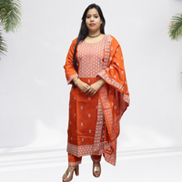 Vibrant Rust Orange Khadi Silk Kurti Set – Handcrafted Ethnic Suit with White Floral Embroidery & Printed Dupatta(01)