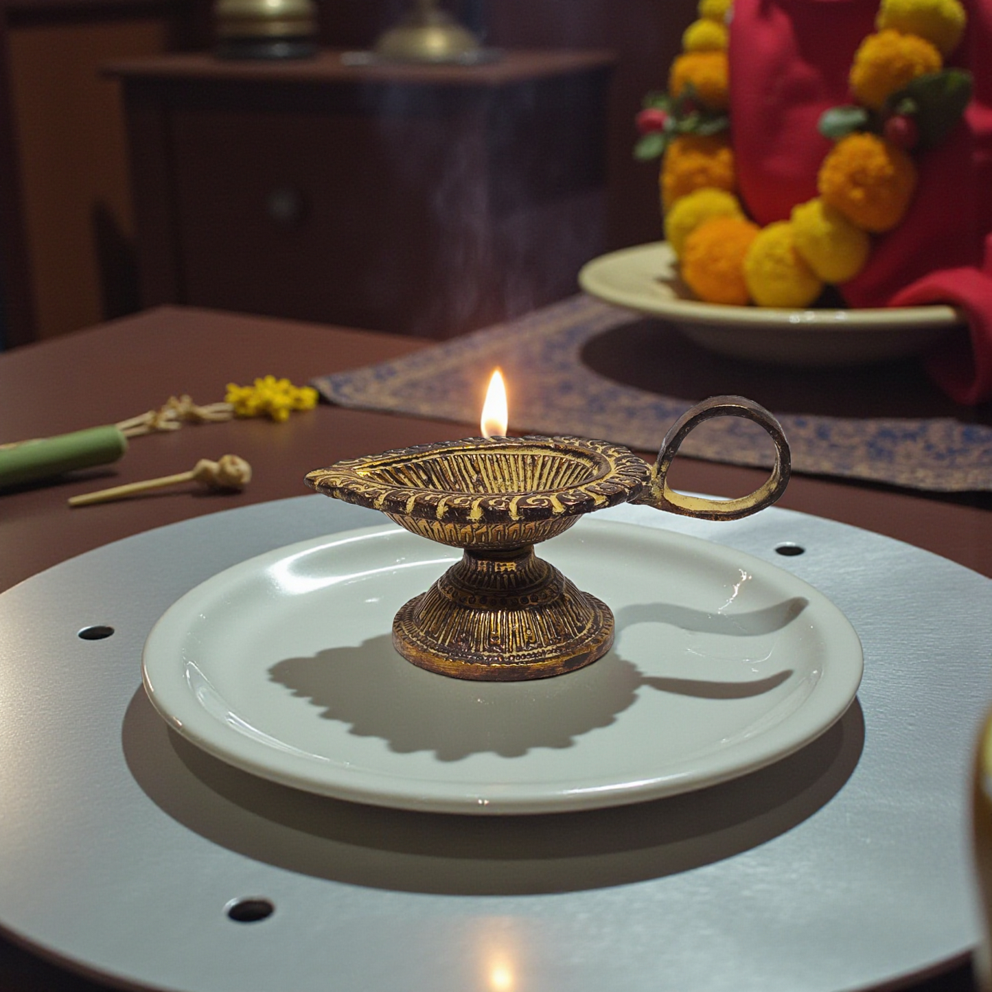 Pure Brass Diya | Traditional Handcrafted Oil Lamp for Daily Puja | Antique Finish