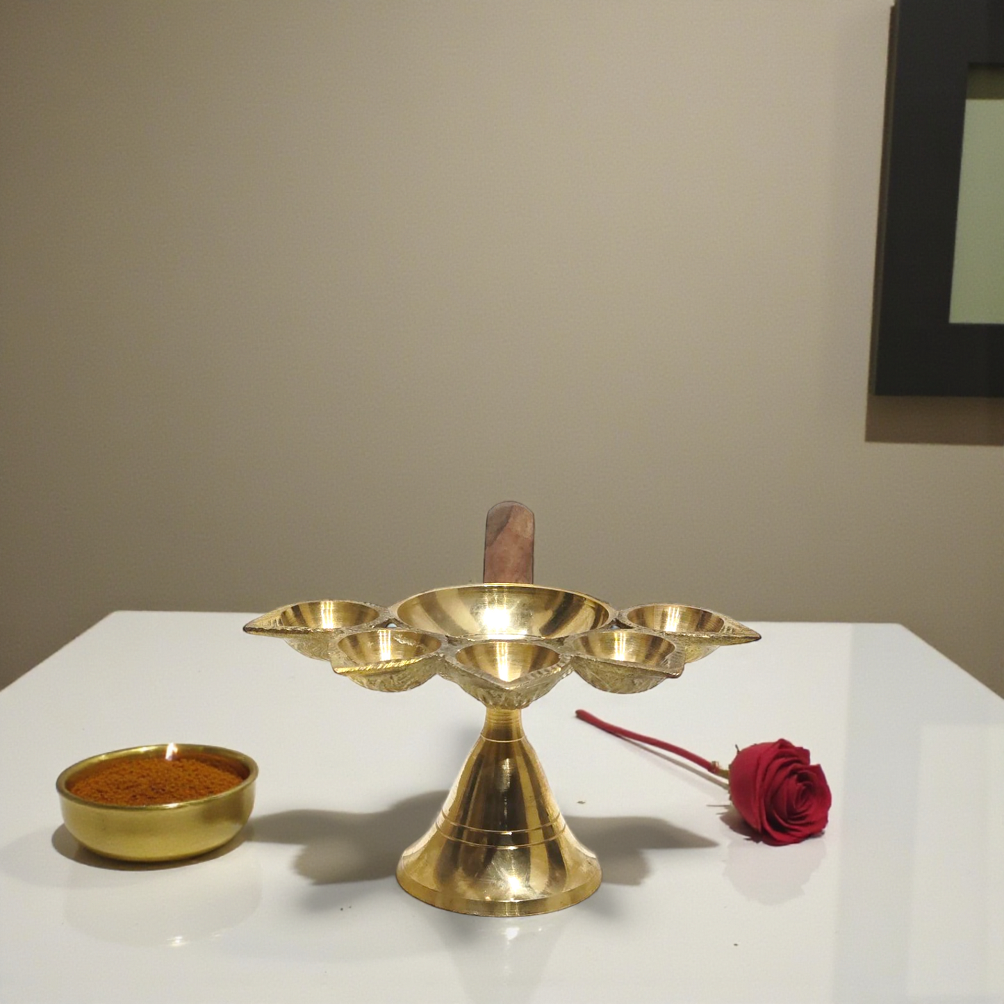 Pure Brass Kerala Diya with Wooden Handle | Traditional Multi-Wick Aarti Lamp | Handcrafted Brass Deepam