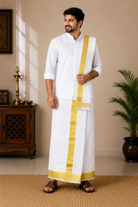 Premium White Khadi Cotton Dhoti with Rich Golden Zari Border | Handwoven Traditional Ethnic Wear