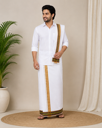 Men’s White Cotton Dhoti Set with Golden Border Angavastram | Traditional South Indian Dhoti