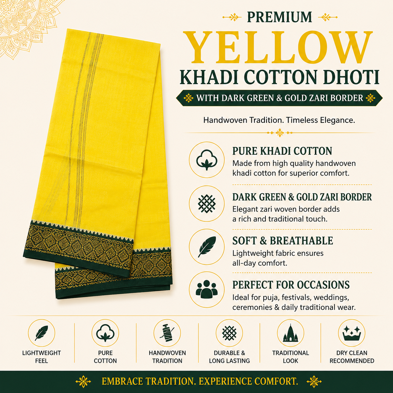 Model wearing premium yellow khadi cotton dhoti with dark green and gold zari border