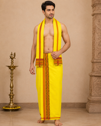 Adhunik Swadeshi Bhandar Yellow Cotton Dhoti Set with Angavastram | Traditional Pooja & Festive Wear