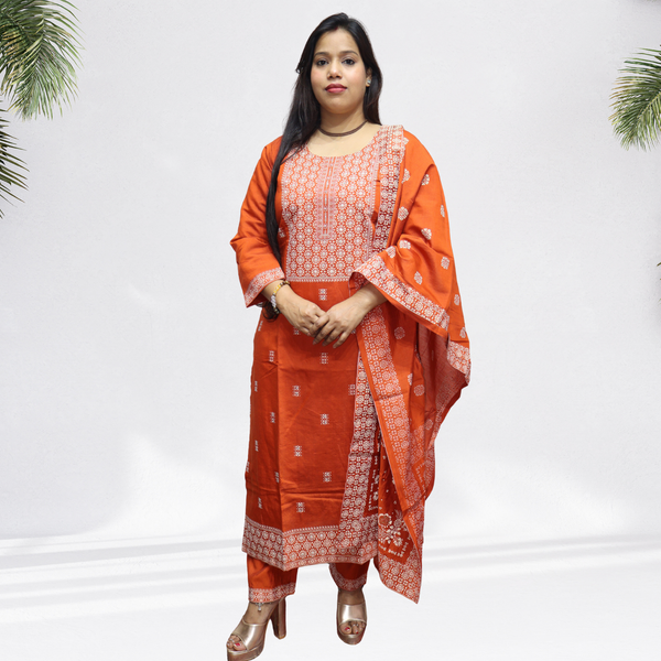 Vibrant Rust Orange Khadi Silk Kurti Set – Handcrafted Ethnic Suit with White Floral Embroidery & Printed Dupatta