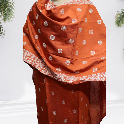 Vibrant Rust Orange Khadi Silk Kurti Set – Handcrafted Ethnic Suit with White Floral Embroidery & Printed Dupatta(01)