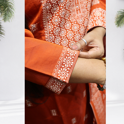 Vibrant Rust Orange Khadi Silk Kurti Set – Handcrafted Ethnic Suit with White Floral Embroidery & Printed Dupatta(01)
