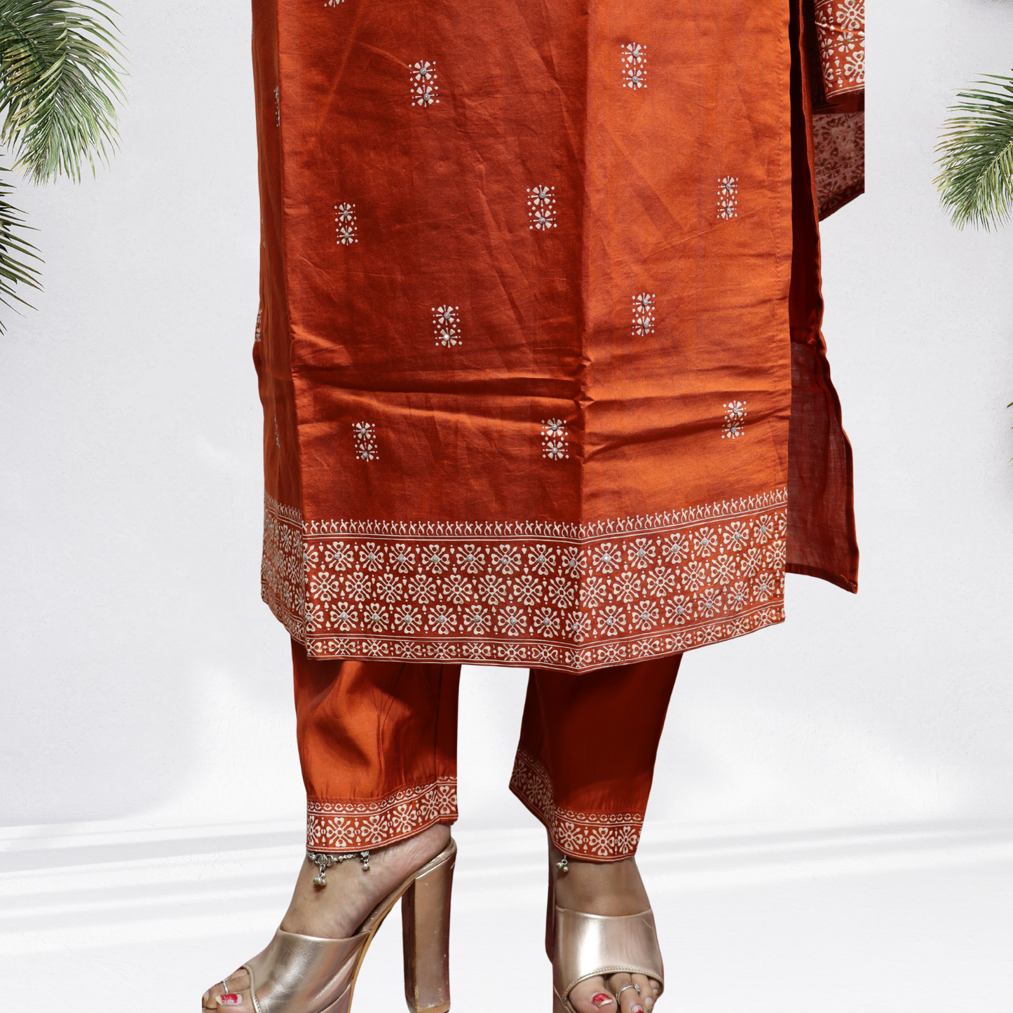 Vibrant Rust Orange Khadi Silk Kurti Set – Handcrafted Ethnic Suit with White Floral Embroidery & Printed Dupatta(01)