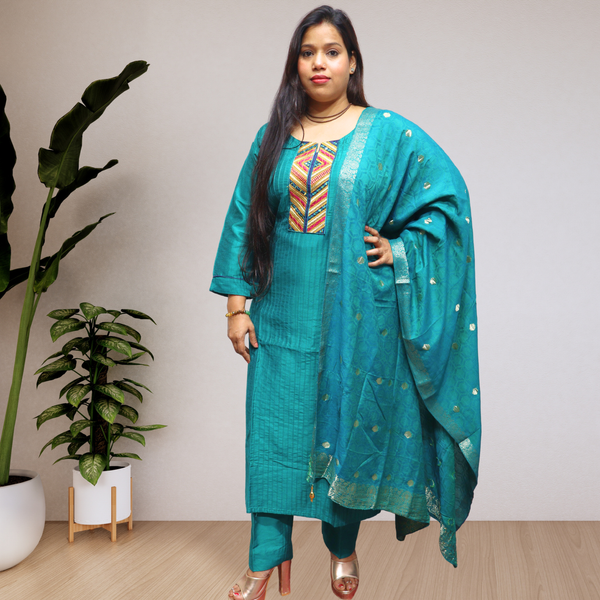 Premium Turquoise Blue Khadi Silk Kurti Set – Handcrafted Ethnic Suit with Multicolored Neckline & Banarasi Dupatta