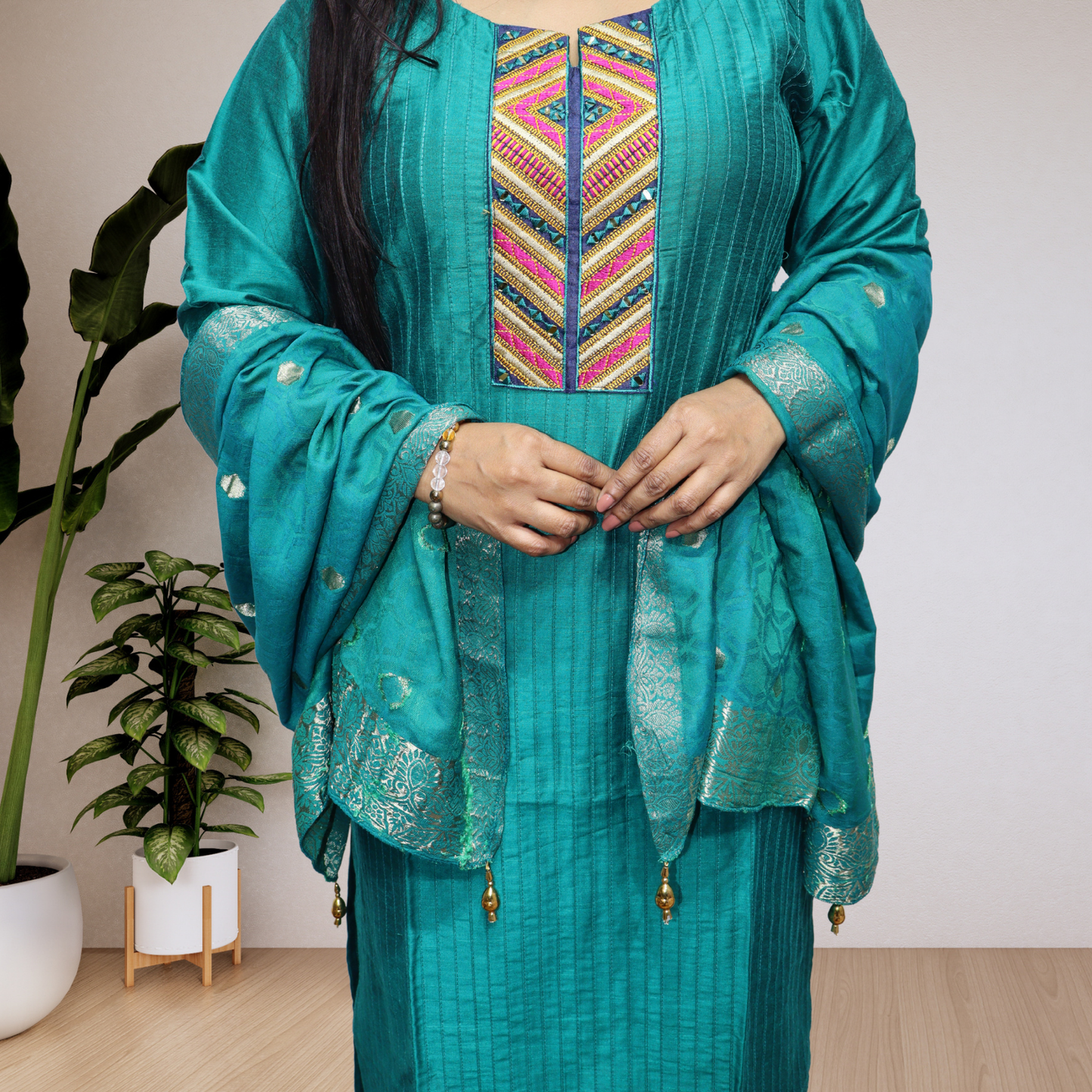 Premium Turquoise Blue Khadi Silk Kurti Set – Handcrafted Ethnic Suit with Multicolored Neckline & Banarasi Dupatta(02)