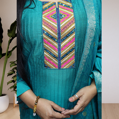 Premium Turquoise Blue Khadi Silk Kurti Set – Handcrafted Ethnic Suit with Multicolored Neckline & Banarasi Dupatta(02)