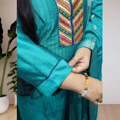 Premium Turquoise Blue Khadi Silk Kurti Set – Handcrafted Ethnic Suit with Multicolored Neckline & Banarasi Dupatta(02)