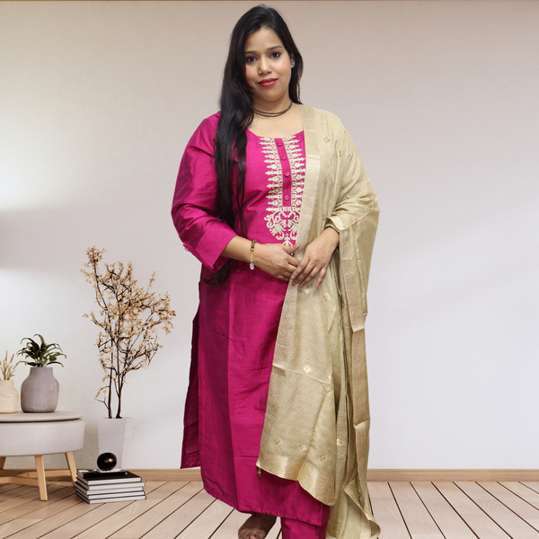 Premium Magenta Khadi Silk Kurti Set – Handcrafted Ethnic Suit with Golden Embroidery & Banarasi Dupatta