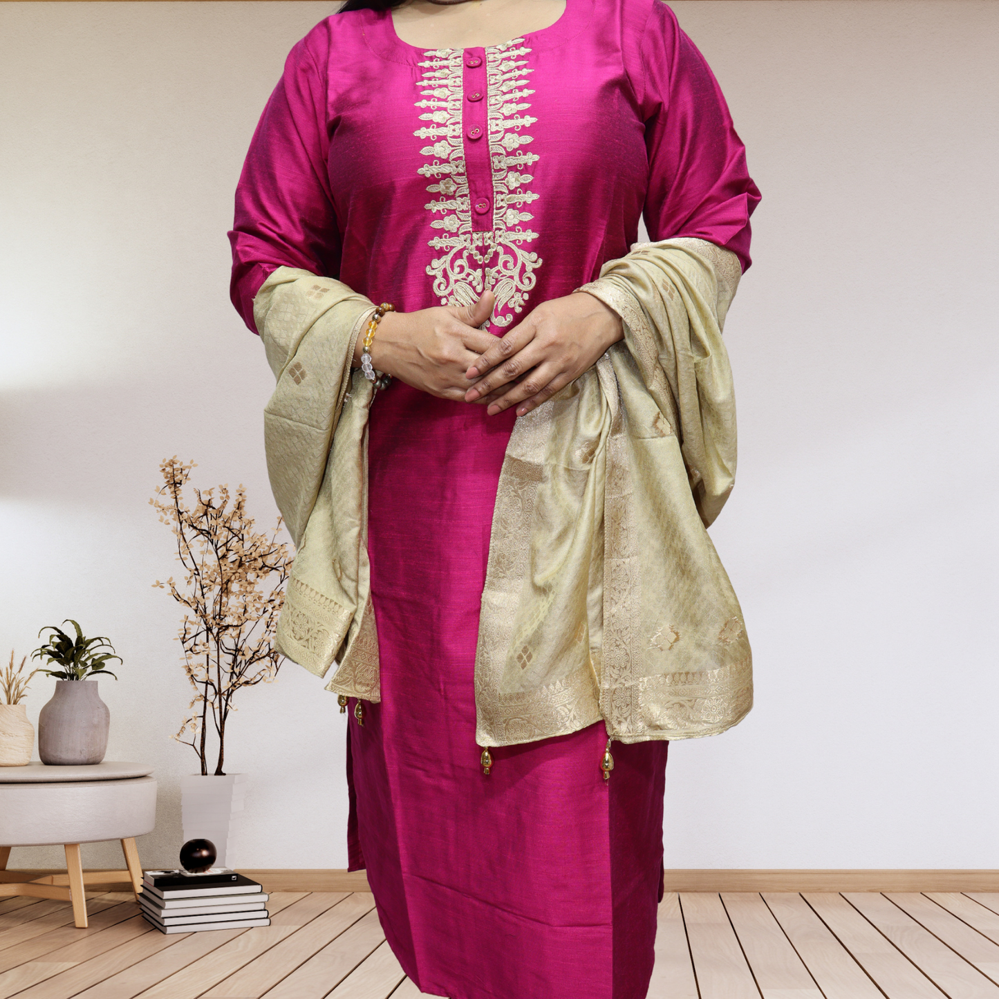 Premium Magenta Khadi Silk Kurti Set – Handcrafted Ethnic Suit with Golden Embroidery & Banarasi Dupatta(03)