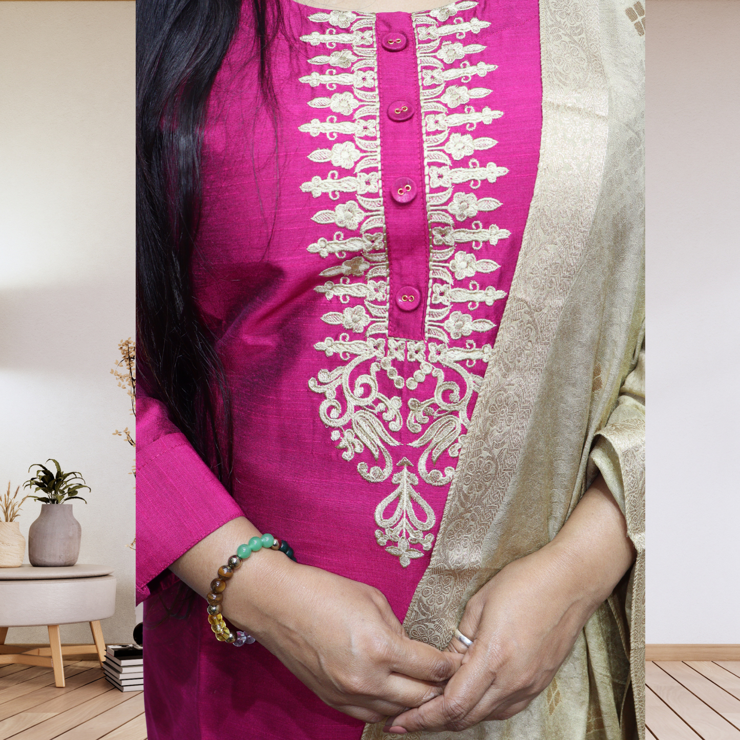 Premium Magenta Khadi Silk Kurti Set – Handcrafted Ethnic Suit with Golden Embroidery & Banarasi Dupatta(03)