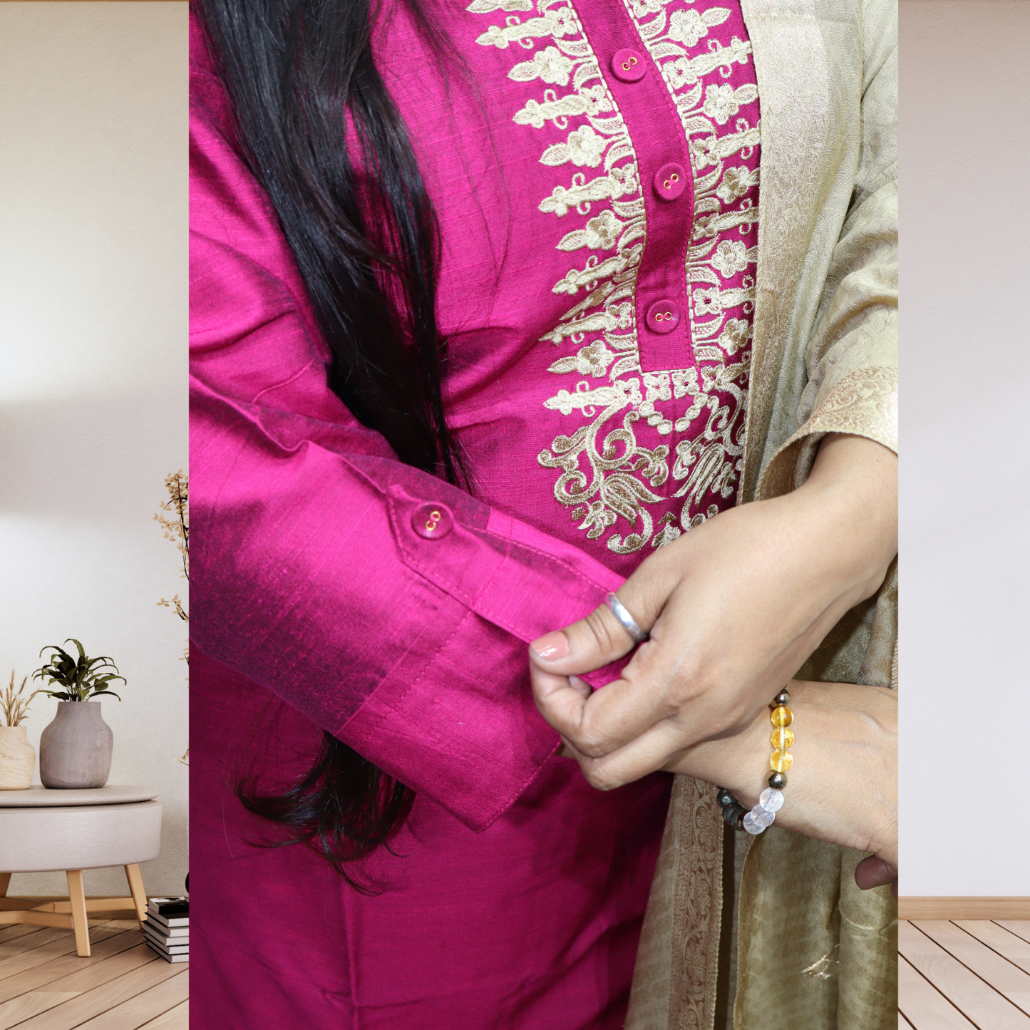 Premium Magenta Khadi Silk Kurti Set – Handcrafted Ethnic Suit with Golden Embroidery & Banarasi Dupatta(03)