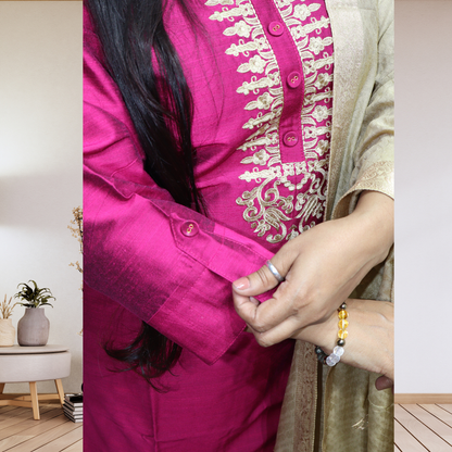 Premium Magenta Khadi Silk Kurti Set – Handcrafted Ethnic Suit with Golden Embroidery & Banarasi Dupatta(03)