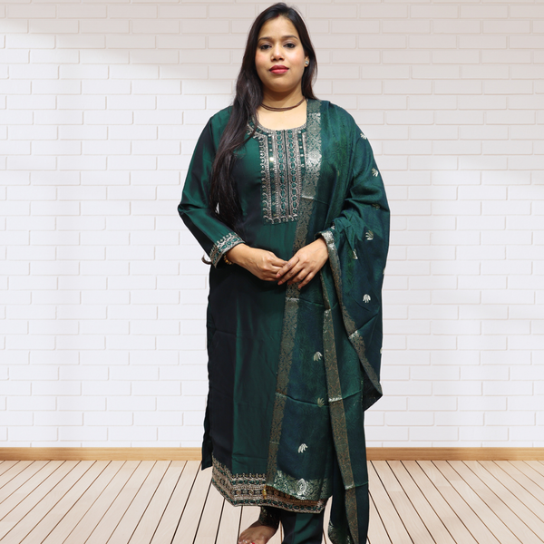 Royal Emerald Green Khadi Silk Kurti Set – Handcrafted Ethnic Suit with Silver Embroidery & Banarasi Dupatta