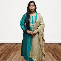 Premium Teal Blue Khadi Silk Kurti Set – Handcrafted Ethnic Suit with Golden Embroidery & Banarasi Dupatta(05)