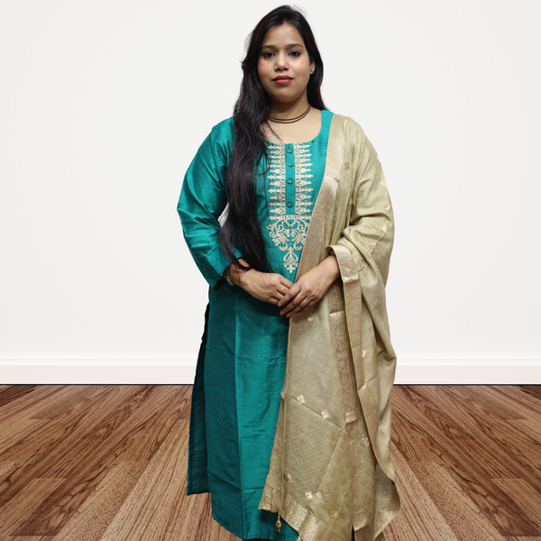 Premium Teal Blue Khadi Silk Kurti Set – Handcrafted Ethnic Suit with Golden Embroidery & Banarasi Dupatta
