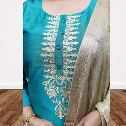 Premium Teal Blue Khadi Silk Kurti Set – Handcrafted Ethnic Suit with Golden Embroidery & Banarasi Dupatta(05)