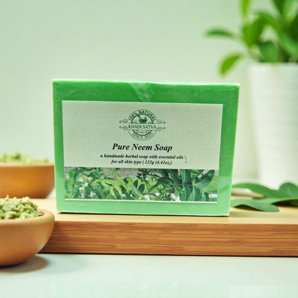 Khadi Satva Pure Neem Soap | 100% Natural & Handmade Ayurvedic Bathing Bar | Original Indian Herbal Brand | Antibacterial & Acne-Control Soap | Paraben & Sulphate Free (125g)