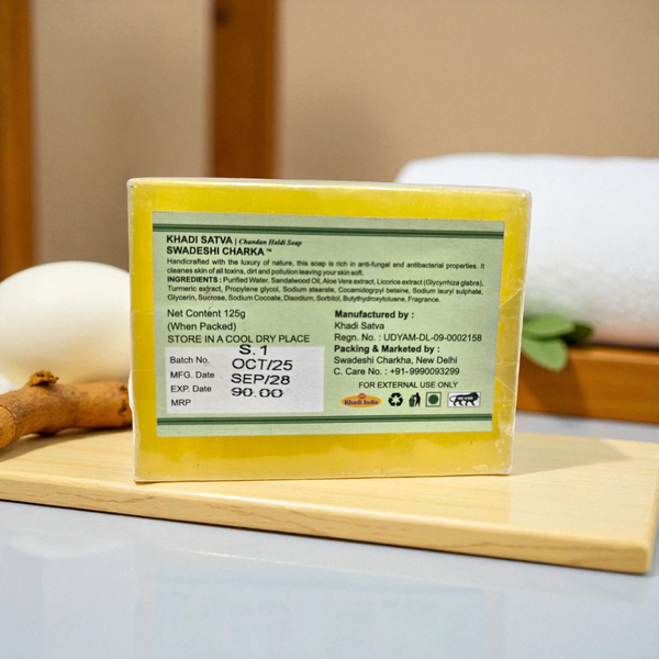 Khadi Satva Chandan Haldi Soap | 100% Pure & Natural Handmade Ayurvedic Bathing Bar | Original Indian Brand | Sandalwood & Turmeric Soap for Glowing Skin | Paraben & Sulphate Free (125g)