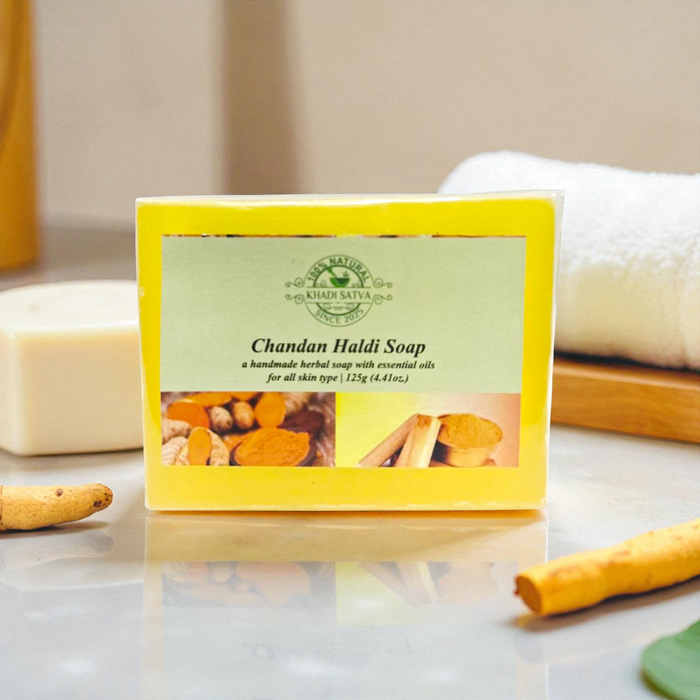 Khadi Satva Chandan Haldi Soap | 100% Pure & Natural Handmade Ayurvedic Bathing Bar | Original Indian Brand | Sandalwood & Turmeric Soap for Glowing Skin | Paraben & Sulphate Free (125g)