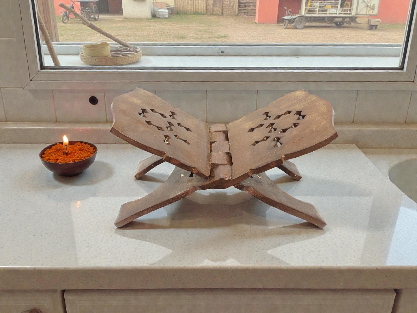 Handcrafted Wooden Rehal – Foldable Holy Book Stand for Puja & Reading